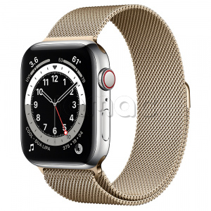 Купить Apple Watch Series 6 // 44мм GPS + Cellular // Корпус из нержавеющей стали серебристого цвета, миланский сетчатый браслет золотого цвета