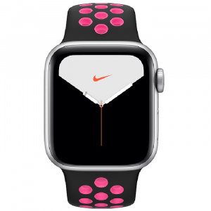 Купить Apple Watch Series 5 // 44мм GPS // Корпус из алюминия серебристого цвета, спортивный ремешок Nike цвета «чёрный/розовый всплеск»