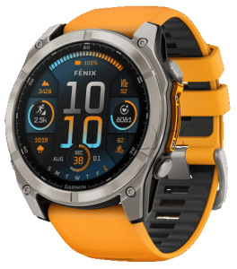 Купить Мультиспортивные часы Garmin Fenix 8 (51mm), Sapphire, титановый светло-серый корпус, оранжевый силиконовый ремешок