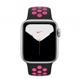 Купить Apple Watch Series 5 // 40мм GPS // Корпус из алюминия серебристого цвета, спортивный ремешок Nike цвета «чёрный/розовый всплеск»