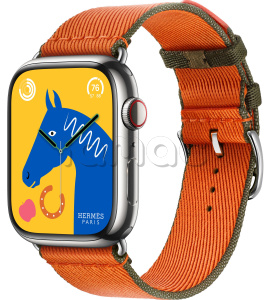 Купить Apple Watch Series 9 Hermès // 45мм GPS+Cellular // Корпус из нержавеющей стали серебристого цвета, ремешок Twill Jump Single Tour цвета Orange/Kaki