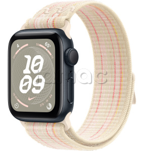 Купить Apple Watch SE // 44мм GPS // Корпус из алюминия цвета «тёмная ночь», спортивный браслет Nike цвета «Сияющая звезда/розовый"» (2024)