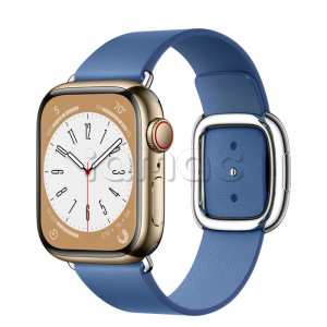 Купить Apple Watch Series 8 // 41мм GPS + Cellular // Корпус из нержавеющей стали золотого цвета, ремешок лазурного цвета с современной пряжкой (Modern Buckle), размер ремешка L
