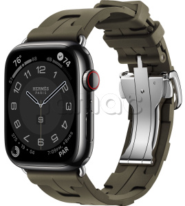 Купить Apple Watch Series 9 Hermès // 45мм GPS+Cellular // Корпус из нержавеющей стали цвета "черный космос", ремешок Kilim Single Tour цвета Kaki с раскладывающейся застёжкой (Deployment Buckle)