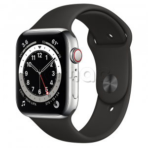 Купить Apple Watch Series 6 // 44мм GPS + Cellular // Корпус из нержавеющей стали серебристого цвета, спортивный ремешок черного цвета