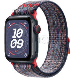 Купить Apple Watch SE // 44мм GPS+Cellular // Корпус из алюминия цвета «тёмная ночь», спортивный браслет Nike цвета «Синий/красный» (2024)