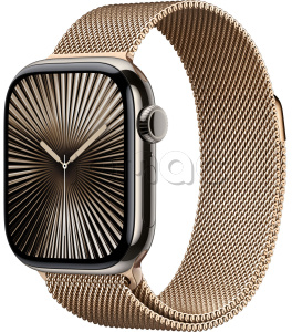 Купить Apple Watch Series 10 // 46мм GPS+Cellular // Корпус из титана натурального цвета, миланский сетчатый браслет золотого цвета