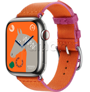 Купить Apple Watch Series 9 Hermès // 41мм GPS+Cellular // Корпус из нержавеющей стали серебристого цвета, ремешок Twill Jump Single Tour цвета Orange/Rose Mexico