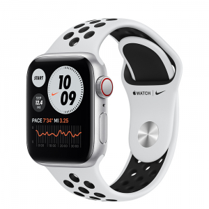 Apple Watch SE // 40мм GPS + Cellular // Корпус из алюминия серебристого цвета, спортивный ремешок Nike цвета «Чистая платина/чёрный» (2020)