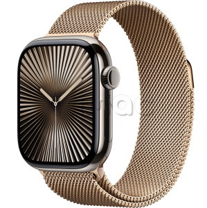 Купить Apple Watch Series 10 // 42мм GPS+Cellular // Корпус из титана натурального цвета, миланский сетчатый браслет золотого цвета