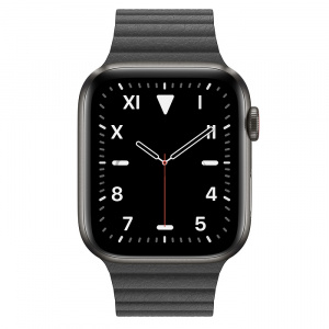 Купить Apple Watch Series 5 // 44мм GPS + Cellular // Корпус из титана цвета «серый космос», кожаный ремешок чёрного цвета, размер ремешка M
