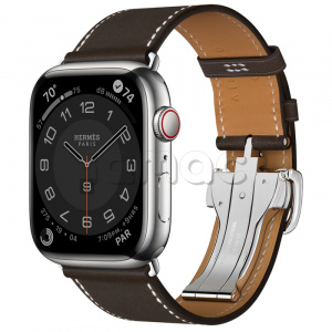 Купить Apple Watch Series 8 Hermès // 45мм GPS + Cellular // Корпус из нержавеющей стали серебристого цвета, ремешок Single Tour цвета Ébène с раскладывающейся застёжкой (Deployment Buckle)