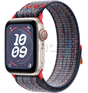 Купить Apple Watch SE // 44мм GPS+Cellular // Корпус из алюминия цвета «сияющая звезда», спортивный браслет Nike цвета «Синий/красный» (2024)