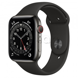 Купить Apple Watch Series 6 // 44мм GPS + Cellular // Корпус из нержавеющей стали графитового цвета, спортивный ремешок черного цвета