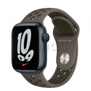 Купить Apple Watch Series 7 // 41мм GPS // Корпус из алюминия цвета «тёмная ночь», спортивный ремешок Nike цвета «cерая олива/рабочий хаки»