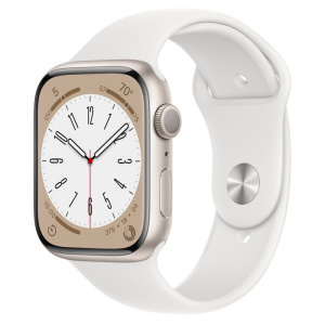 Apple Watch Series 8 // 45мм GPS // Корпус из алюминия цвета "сияющая звезда", спортивный ремешок белого цвета