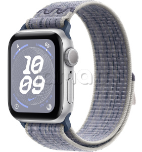 Купить Apple Watch SE // 44мм GPS // Корпус из алюминия серебристого цвета, спортивный браслет Nike цвета «Серый/синий» (2024)