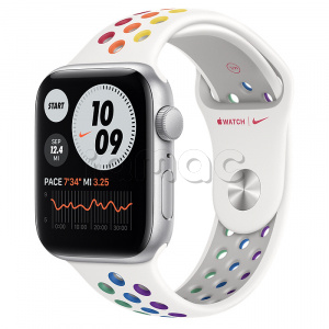 Купить Apple Watch SE // 44мм GPS // Корпус из алюминия серебристого цвета, спортивный ремешок Nike радужного цвета (2020)