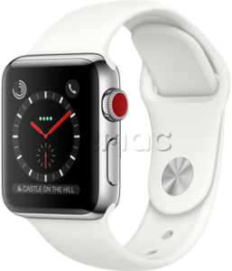 Купить Apple Watch Series 3 // 42мм GPS + Cellular // Корпус из нержавеющей стали, спортивный ремешок белого цвета (MQK82)