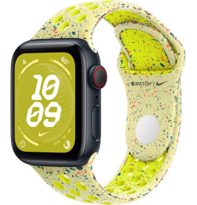 Apple Watch SE // 44мм GPS+Cellular // Корпус из алюминия цвета «тёмная ночь», спортивный ремешок Nike цвета «Электрическая вспышка» (2024)
