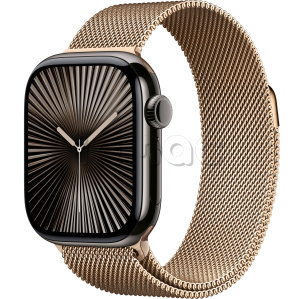 Купить Apple Watch Series 10 // 42мм GPS+Cellular // Корпус из титана сланцевого цвета, миланский сетчатый браслет золотого цвета