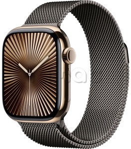 Купить Apple Watch Series 10 // 46мм GPS+Cellular // Корпус из титана золотого цвета, миланский сетчатый браслет сланцевого цвета