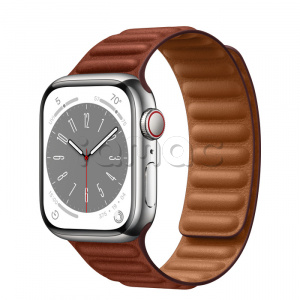 Купить Apple Watch Series 8 // 41мм GPS + Cellular // Корпус из нержавеющей стали серебристого цвета, кожаный браслет темно-коричневого цвета, размер ремешка S/M