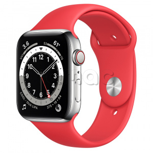 Купить Apple Watch Series 6 // 44мм GPS + Cellular // Корпус из нержавеющей стали серебристого цвета, спортивный ремешок цвета (PRODUCT)RED