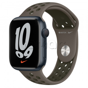 Купить Apple Watch Series 7 // 45мм GPS // Корпус из алюминия цвета «тёмная ночь», спортивный ремешок Nike цвета «cерая олива/рабочий хаки»