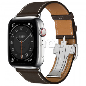 Купить Apple Watch Series 6 Hermès // 44мм GPS + Cellular // Корпус из нержавеющей стали серебристого цвета, ремешок Simple Tour из кожи Barénia цвета Ébène с раскладывающейся застёжкой (Deployment Buckle)