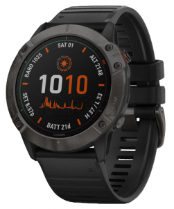 Купить Мультиспортивные часы Garmin Fenix 6X Pro (51mm) Solar титановый серый DLC корпус, черный силиконовый ремешок