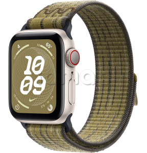 Купить Apple Watch SE // 44мм GPS+Cellular // Корпус из алюминия цвета «сияющая звезда», спортивный браслет Nike цвета «Зеленый/серый» (2024)