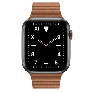 Купить Apple Watch Series 5 // 44мм GPS + Cellular // Корпус из титана цвета «серый космос», кожаный ремешок золотисто-коричневого цвета, размер ремешка M