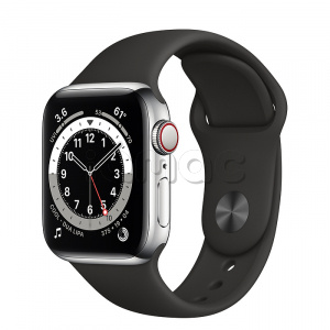 Купить Apple Watch Series 6 // 40мм GPS + Cellular // Корпус из нержавеющей стали серебристого цвета, спортивный ремешок черного цвета
