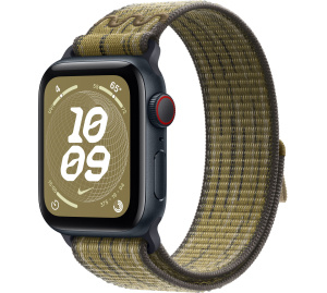 Apple Watch SE // 40мм GPS+Cellular // Корпус из алюминия цвета «тёмная ночь», спортивный браслет Nike цвета «Зеленый/серый» (2024)