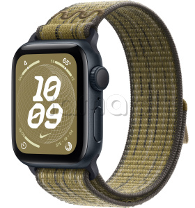 Купить Apple Watch SE // 44мм GPS // Корпус из алюминия цвета «тёмная ночь», спортивный браслет Nike цвета «Зеленый/серый» (2024)