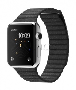 Купить Apple Watch 42 мм, нержавеющая сталь, чёрный кожаный ремешок