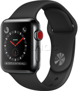 Купить Apple Watch Series 3 // 42мм GPS + Cellular // Корпус из нержавеющей стали, спортивный ремешок черного цвета (MQK92)