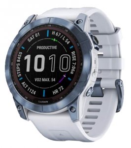 Купить Мультиспортивные часы Garmin Fenix 7X (51mm) Sapphire Solar, титановый корпус цвета "синий минерал", белый силиконовый ремешок