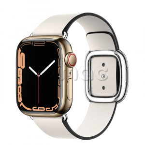 Купить Apple Watch Series 7 // 41мм GPS + Cellular // Корпус из нержавеющей стали золотого цвета, ремешок цвета «белый мел» с современной пряжкой (Modern Buckle), размер ремешка M