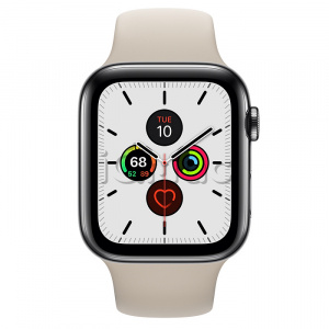 Купить Apple Watch Series 5 // 44мм GPS + Cellular // Корпус из нержавеющей стали цвета «серый космос», спортивный ремешок бежевого цвета