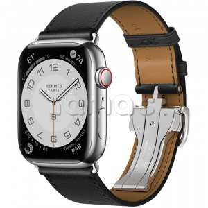 Купить Apple Watch Series 7 Hermès // 45мм GPS + Cellular // Корпус из нержавеющей стали серебристого цвета, ремешок Single Tour цвета Noir с раскладывающейся застёжкой (Deployment Buckle)