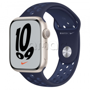 Купить Apple Watch Series 7 // 45мм GPS // Корпус из алюминия цвета «сияющая звезда», спортивный ремешок Nike цвета «ночной ультрамарин/мистический ультрамарин»