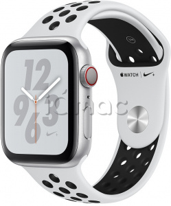 Купить Apple Watch Series 4 Nike+ // 44мм GPS + Cellular // Корпус из алюминия серебристого цвета, спортивный ремешок Nike цвета «чистая платина/чёрный» (MTXC2)