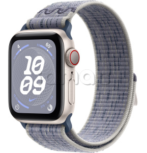 Купить Apple Watch SE // 44мм GPS+Cellular // Корпус из алюминия цвета «сияющая звезда», спортивный браслет Nike цвета «Серый/синий» (2024)