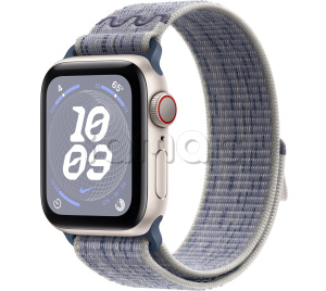Купить Apple Watch SE // 40мм GPS+Cellular // Корпус из алюминия цвета «сияющая звезда», спортивный браслет Nike цвета «Серый/синий» (2024)