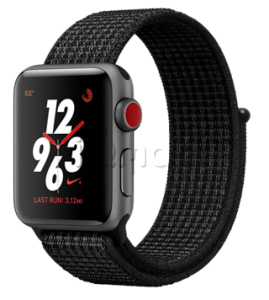 Купить Apple Watch Series 3 Nike+ // 38мм GPS + Cellular // Корпус из серого алюминия, спортивный ремешок Nike черного цвета (MQL82)
