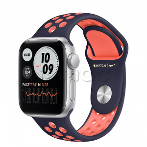 Купить Apple Watch SE // 40мм GPS // Корпус из алюминия серебристого цвета, спортивный ремешок Nike цвета «Полночный синий/манго» (2020)