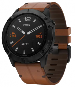 Купить Мультиспортивные часы Garmin Fenix 6X (51mm) Sapphire, черный стальной DLC корпус, каштановый кожаный ремешок