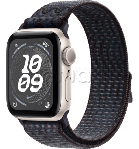 Купить Apple Watch SE // 44мм GPS // Корпус из алюминия цвета «сияющая звезда», спортивный браслет Nike цвета «Черный/синий» (2024)
